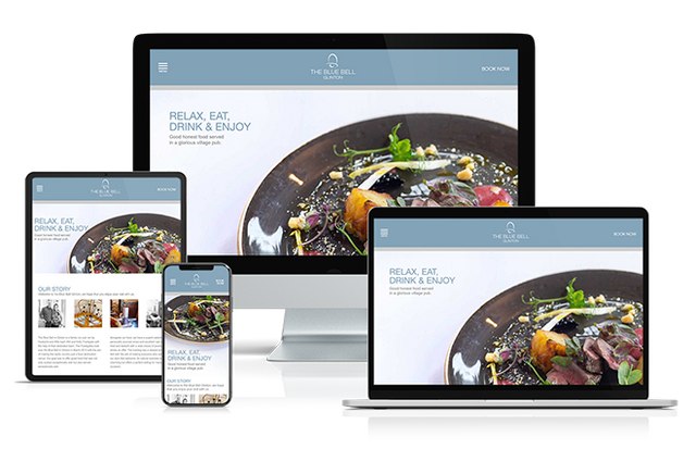 Responsive website design for The Blue Bell Glinton, a fine dining restaurant, displayed across desktop, laptop, tablet, and smartphone devices. The layout features elegant visuals, clean typography, and booking functionality optimised for seamless browsi