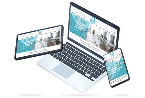 Responsive website design for Urban Square, an architectural glazing and partitioning specialist, displayed across smartphone, tablet, and laptop devices. The clean, modern layout highlights commercial interior solutions, optimised for performance and usa