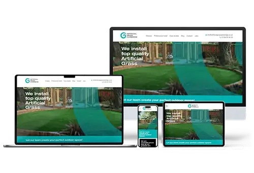 Responsive website design for an artificial grass installation company, displayed on desktop, tablet, and mobile devices.