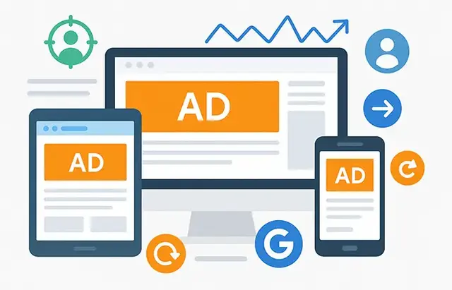 Illustration of responsive display advertising across desktop, tablet, and mobile devices, featuring banner ads with icons for targeting, remarketing, and analytics—ideal for promoting Google Display Network campaign strategies and multi-device reach.
