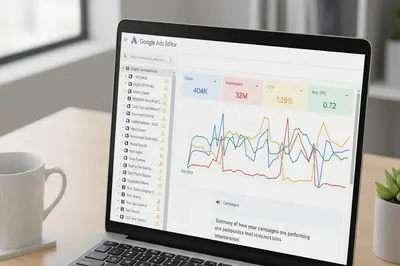 Laptop showing Google Ads Editor with clicks, impressions, CTR and average CPC charts during a PPC audit.