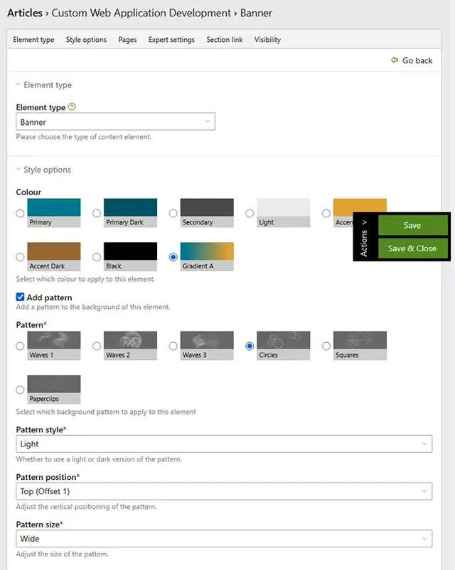 Screenshot of a custom web application interface for editing a banner component, showing options to select element type, background colour, pattern, and pattern settings including style, position, and size