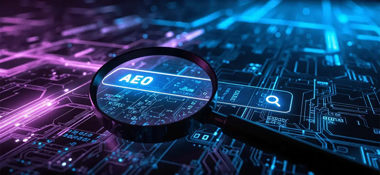 Doublespark branding on a desktop screen showing AI Optimisation for Answer Engines, with connected devices in a modern office scene.