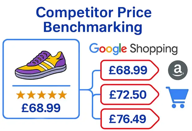 Illustration demonstrating Google Shopping feed optimisation for a snap frame product by Display Developments. The visual shows structured data attributes—Title, Brand, Size, GTIN, and Link—connected to a central Google Shopping icon, which outputs a prod