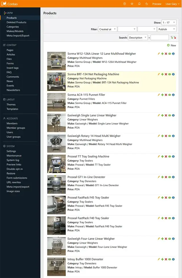 Screenshot of a custom web application interface in Contao CMS displaying a product management dashboard, featuring a searchable list of industrial equipment with categories, models, prices, and administrative controls.