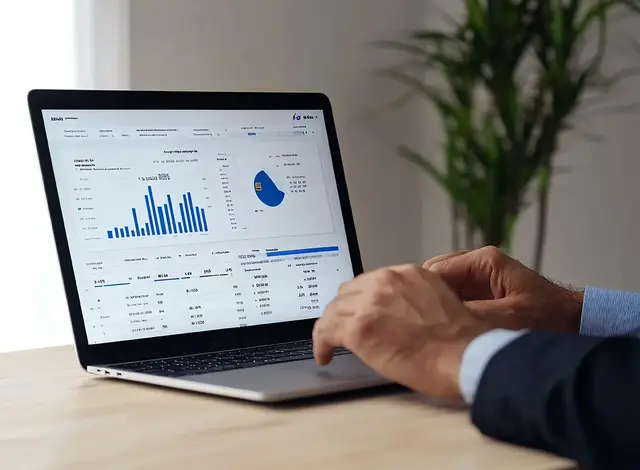 Person in business attire analysing PPC and SEO performance data on a laptop with graphs and charts displayed on the screen.