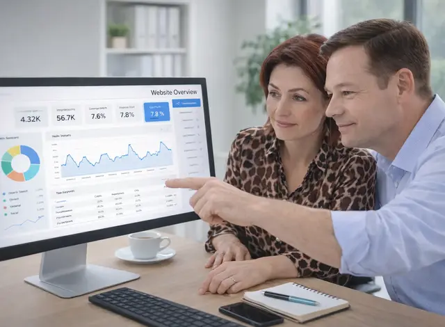 Gary and Lucy from Doublespark reviewing website SEO metrics and analytics on a computer monitor in an office.