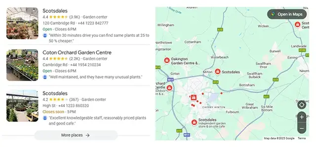 Screenshot of Google local search results for garden centres near Cambridge, displaying listings for Scotsdales and Coton Orchard Garden Centre with ratings, opening hours, reviews, and phone numbers. A map on the right highlights their locations with red