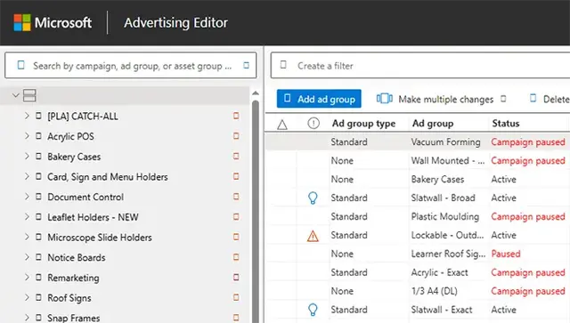 A screenshot of the Microsoft Advertising Editor interface, displaying a campaign structure for 'Display Developments Limited'. The left pane shows a hierarchical list of ad groups and campaigns, while the right pane lists ad groups with details like type