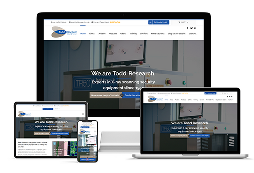 Responsive website display for Todd Research, showcasing desktop, laptop, tablet, and mobile views as part of website maintenance and support services.