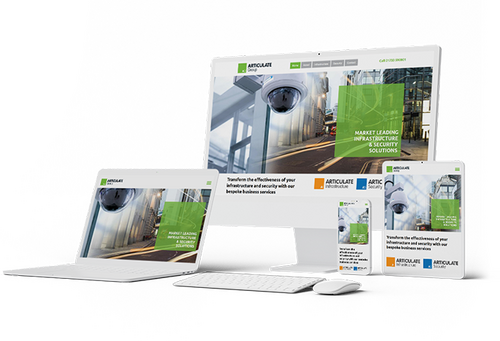 Responsive website design for Articulate Group, displayed across desktop, laptop, tablet, and smartphone devices. The website promotes infrastructure and security services, demonstrating a consistent, mobile-optimised layout with clear branding and pr