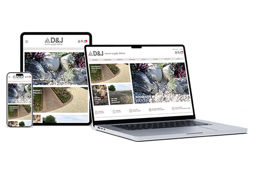 Responsive website design for D&J Supplies, shown across smartphone, tablet, and laptop screens. The site highlights landscape and garden supply products with a clean, image-driven layout optimised for mobile-friendly browsing and e-commerce functionality