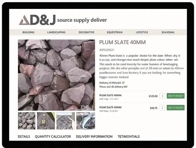 Desktop screenshot of product page for Plum Slate 40mm with large product image, details, pricing and Add to Basket buttons.