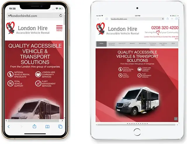 Responsive website design example of londonhireltd.com displayed on a smartphone and tablet, showing a mobile-friendly layout for an accessible vehicle rental service with bold branding, key service icons, and clear call-to-action areas.