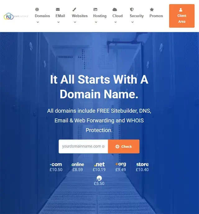 Domain search and registration interface offering domain extensions like .com, .net, and .co.uk, with features including DNS management, email forwarding, and WHOIS protection—highlighting the first step in the hosting and domain setup process.