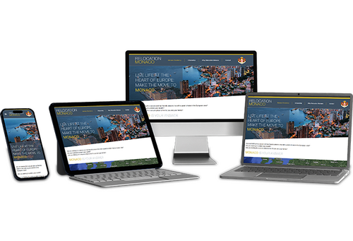 Responsive website design for Relocation Monaco, displayed across smartphone, tablet, laptop, and desktop devices. The site features a modern layout with bold imagery and messaging aimed at promoting international relocation services, optimised for consis