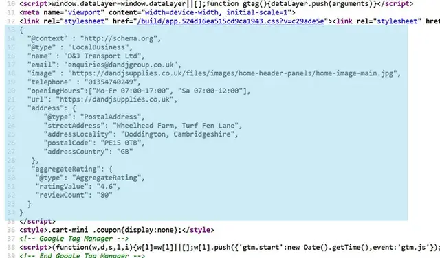 Screenshot of website source code showing JSON-LD LocalBusiness schema markup with business details, opening hours and review rating.