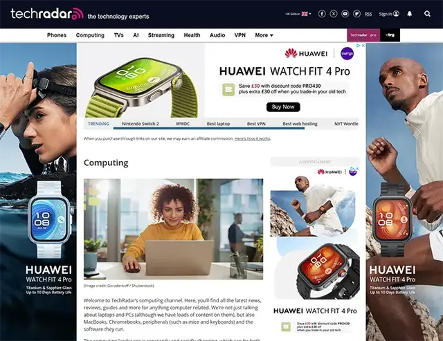 Screenshot of the TechRadar website featuring multiple Google Display Ads promoting the Huawei Watch Fit 4 Pro. The ads appear prominently across the top banner, sidebar, and within the content area, showcasing consistent branding and product visuals. Thi