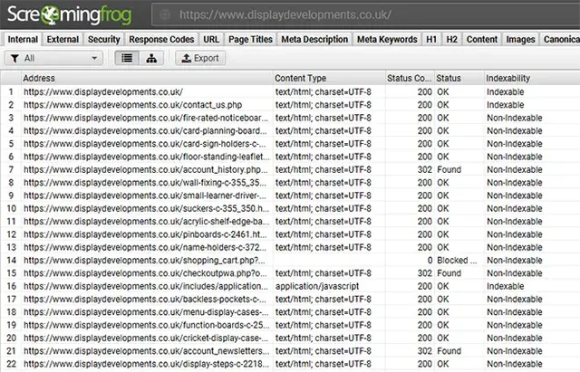 Screaming Frog SEO audit screenshot highlighting indexability issues, non-indexable pages, and status codes - used for technical SEO consultancy and website optimisation.