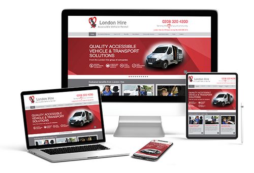 Responsive website design for London Hire Ltd, an accessible vehicle rental company, shown across desktop, laptop, tablet, and smartphone screens. The layout features bold red branding, a clear value proposition, and mobile-friendly functionality for user
