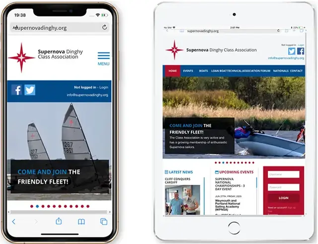 Responsive design view of the Supernova Dinghy Class Association website displayed on a smartphone and tablet, highlighting a sailing community with event listings, login functionality, and visual emphasis on fleet participation.
