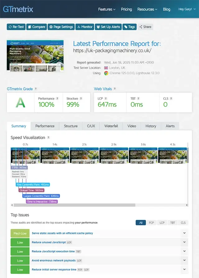 GTmetrix performance report for uk-packagingmachinery.co.uk showing a GTmetrix Grade A with 100% performance and 99% structure. Web Vitals include LCP of 647ms, TBT of 0ms, and CLS of 0. The speed visualization timeline and top performance issues are disp