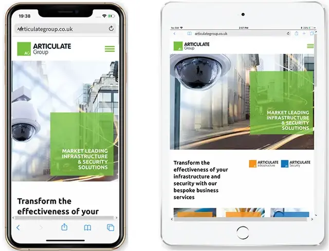 Responsive design example of articulategroup.co.uk displayed on smartphone and tablet devices, demonstrating a mobile-optimised layout with scalable text, adaptive imagery, and clear branding for infrastructure and security solutions.