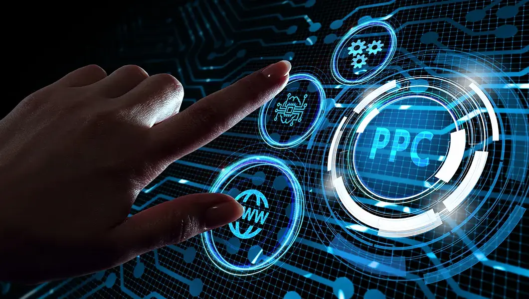 Hand interacting with a digital PPC interface symbolising new experimental tools in Google Ads.