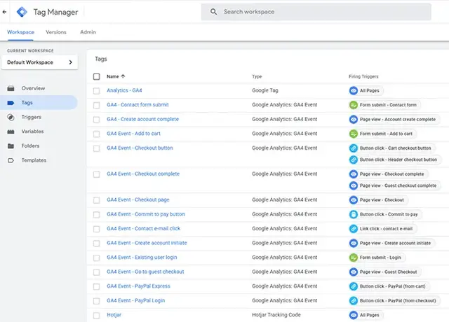 Screenshot of the Google Tag Manager interface for displaydevelopments.co.uk, showing the Tags tab with a list of active GA4 event tags and firing triggers including form submissions, button clicks, and page views, used to track user interactions for rema