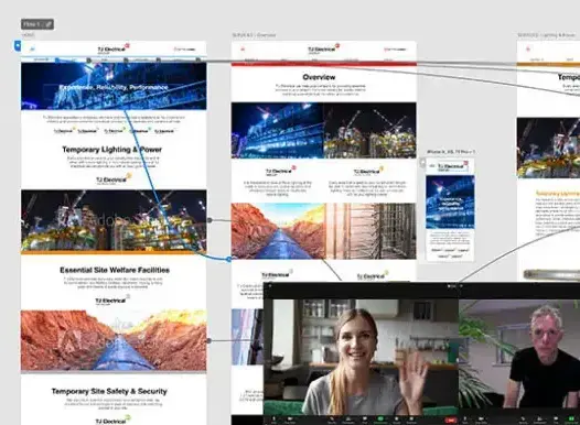 Live Adobe XD website walkthrough showing interactive design mockups with client feedback via video call