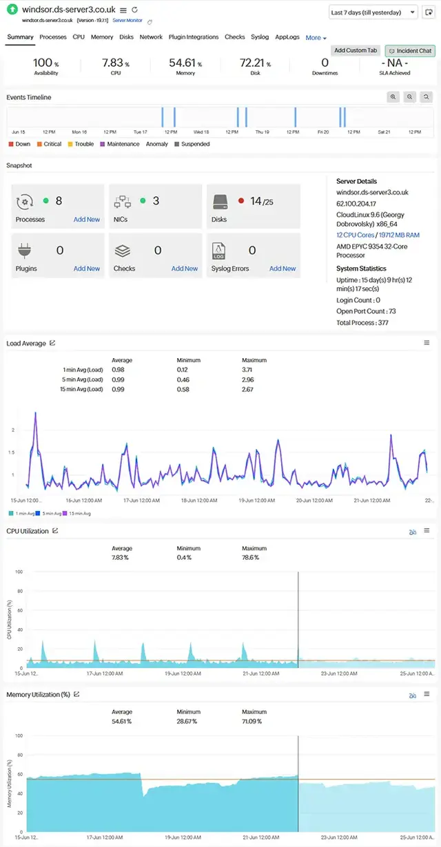 Web hosting server dashboard showing real-time uptime monitoring, CPU and memory utilisation, disk usage, and server health statistics for a domain. Highlights include availability status, load average, malware checks, and system performance - key compone