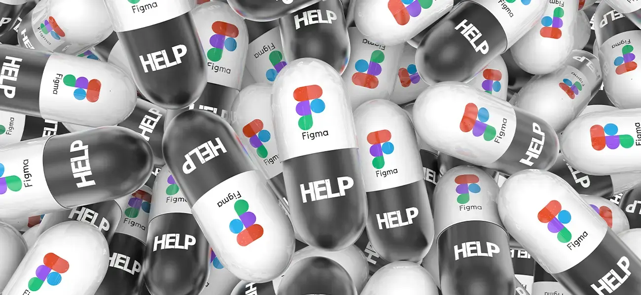 Figma “HELP” capsules symbolising how a website design agency uses Figma for real-time collaboration, clickable prototypes and efficient developer handoff in web design services.