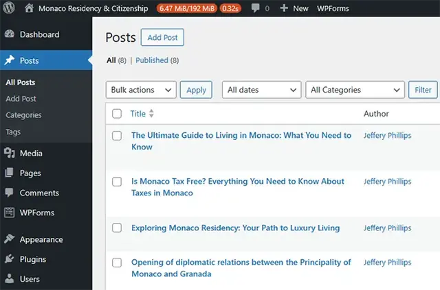 Screenshot of a WordPress content management dashboard displaying the backend interface for managing blog posts illustrating content publishing, editorial control, SEO-driven article organisation, and the role of CMS platforms in content marketing workflo