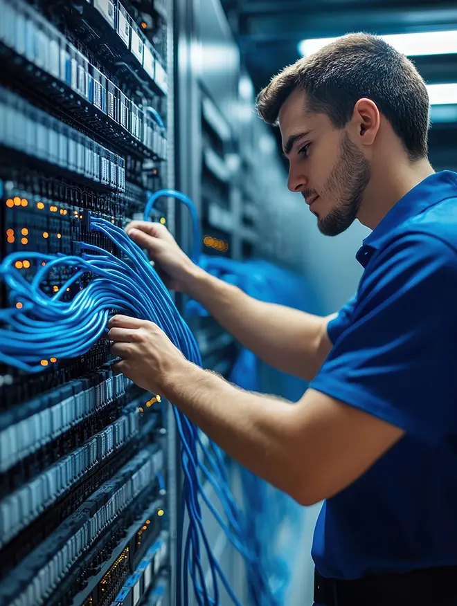 Engineer managing server cabling in a secure AWS powered data centre, reflecting our focus on performance, reliability and always on hosting.