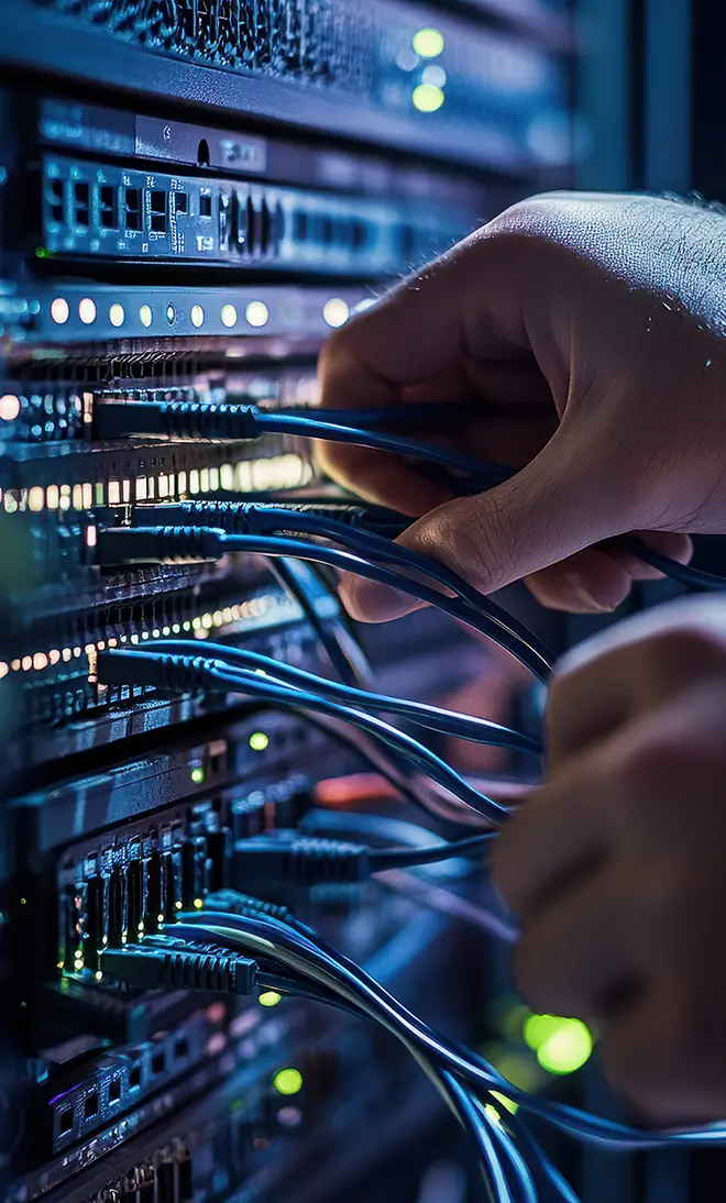 Hands connecting network cables to data centre servers, symbolising Cloudflare DNS, edge security and high speed website delivery.