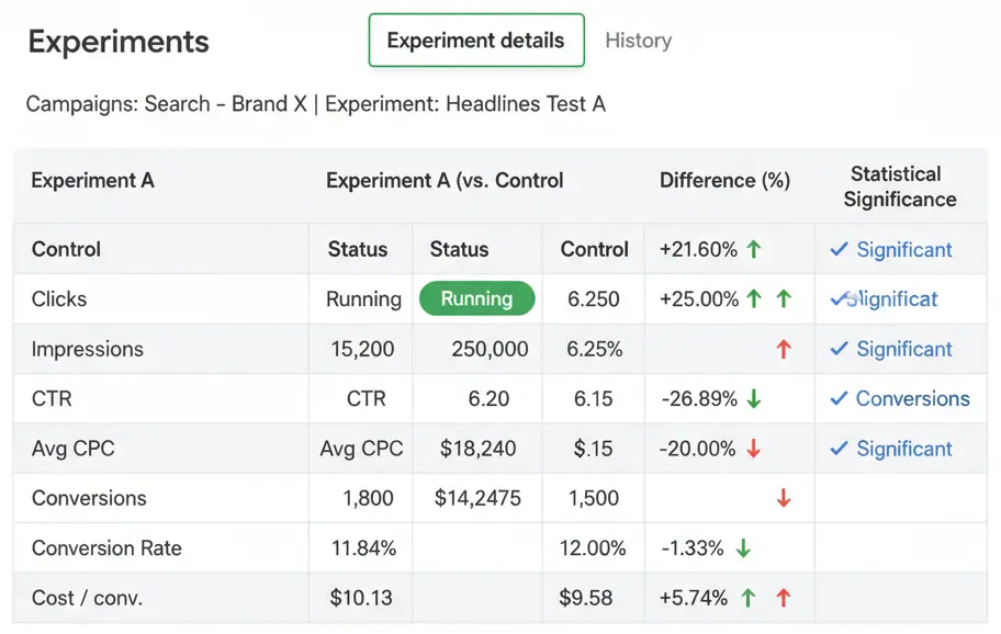 White-background mockup of a Google Ads Experiments table showing control vs experiment metrics – clicks, impressions, CTR, CPC, conversions and statistical significance.