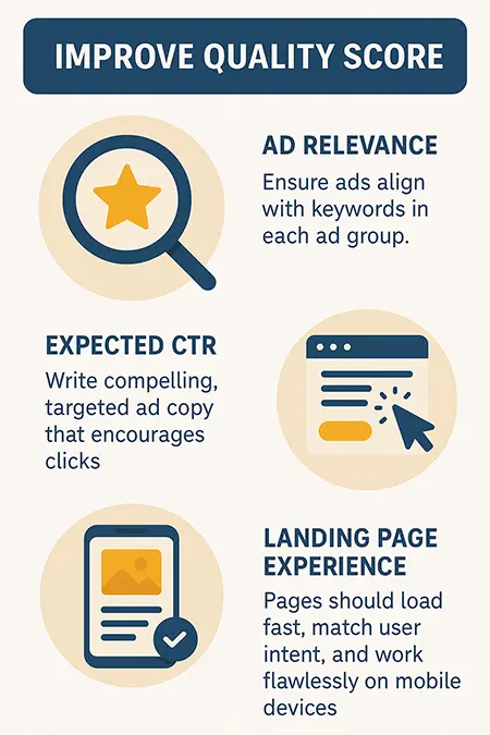 Infographic highlighting three ways to improve Google Ads Quality Score: ad relevance, expected CTR, and landing page experience.