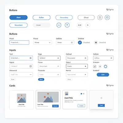 Figma design system showing buttons, inputs and cards – reusable components a website design agency uses to keep web design services and website development consistent and fast.