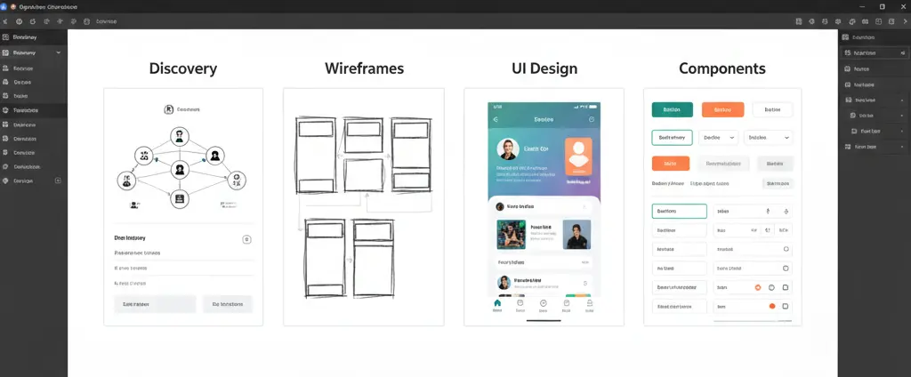 A Figma project showing Discovery, Wireframes, UI, and Components pages on a white background.