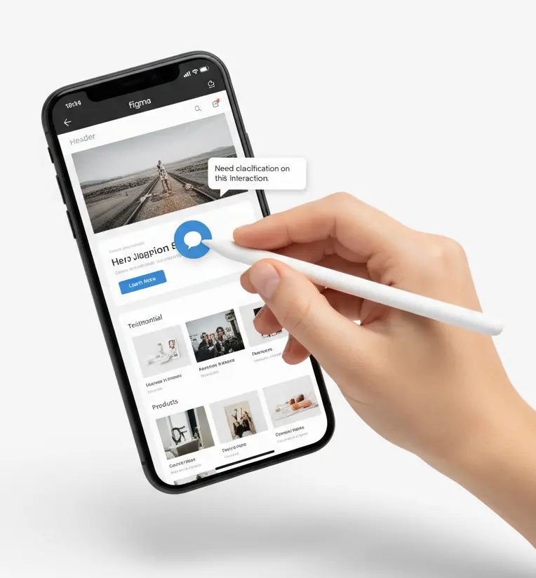 A hand using Figma’s comment tool on a mobile homepage prototype, displayed on a white background.