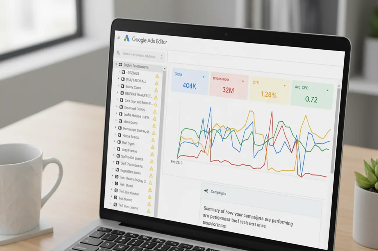 Laptop showing Google Ads Editor with clicks, impressions, CTR and average CPC charts during a PPC audit.