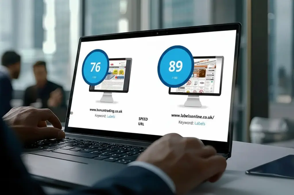 Laptop screen showing a website audit comparing two sites during a UX and performance health check