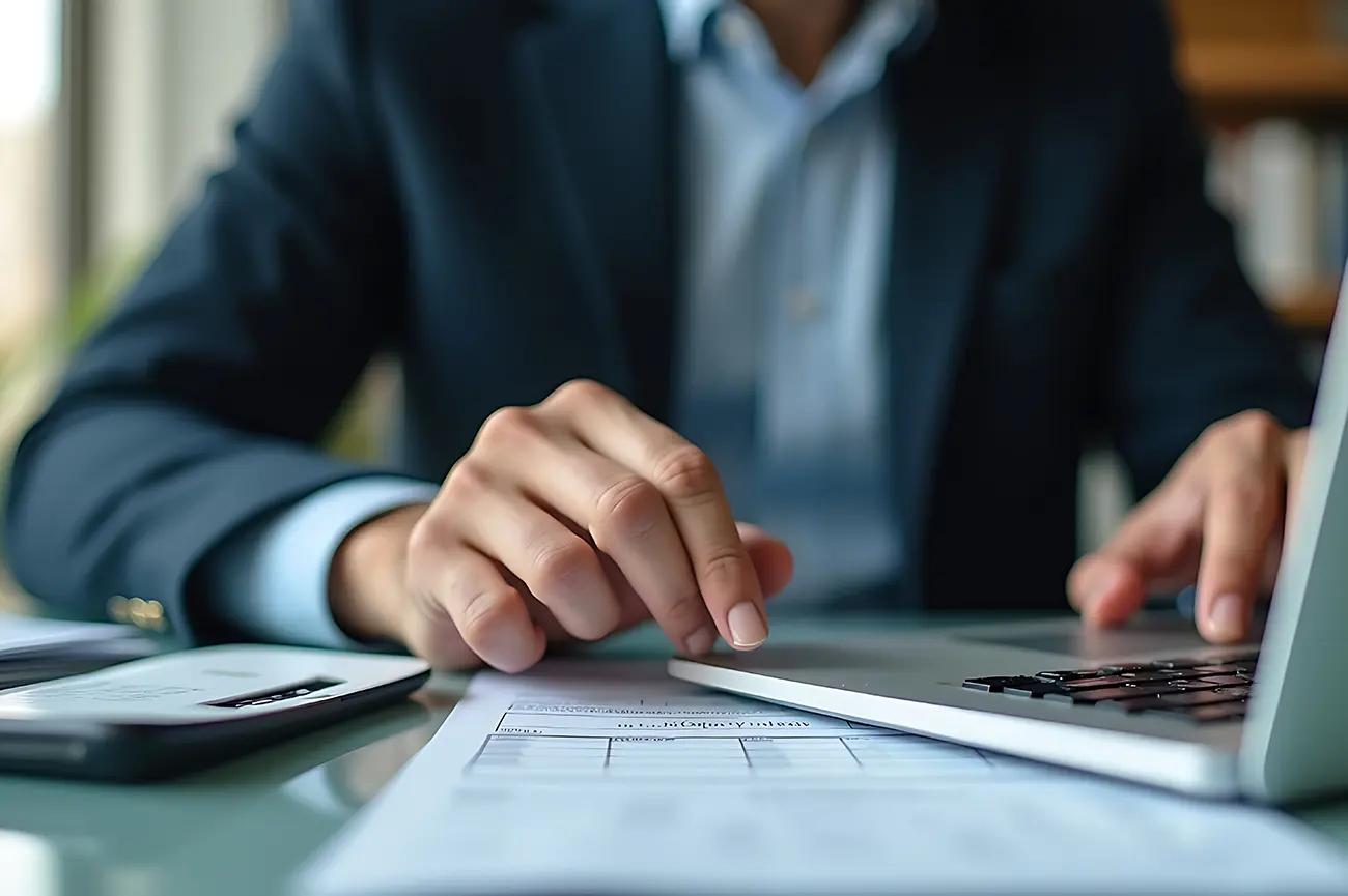 Close-up of a marketer completing an online quote on a laptop, with a calculator and estimate sheet on the desk – website, SEO or PPC.