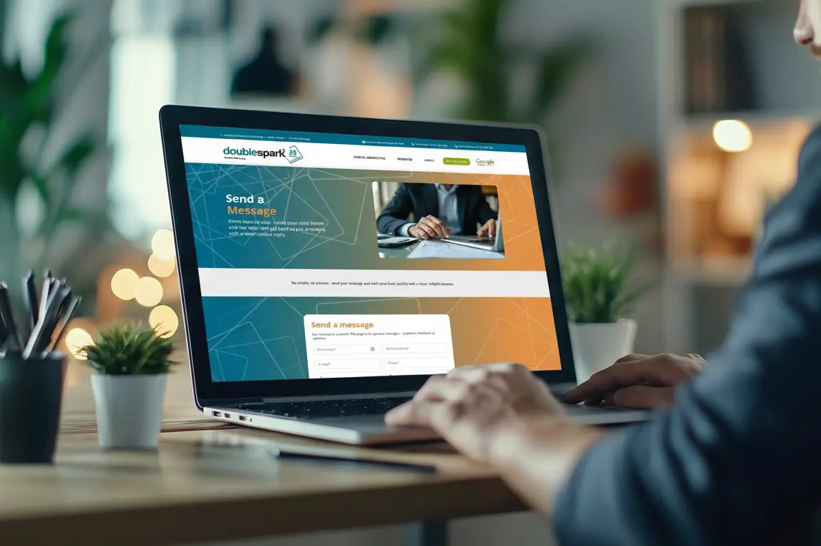 Person typing on a laptop showing the Doublespark website, used in the Send a message banner