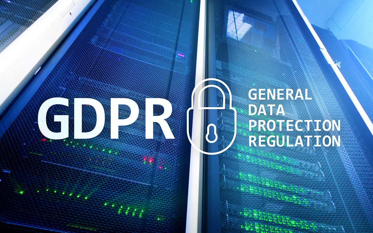 GDPR graphic showing secure data centre servers with a padlock icon and the words General Data Protection Regulation.