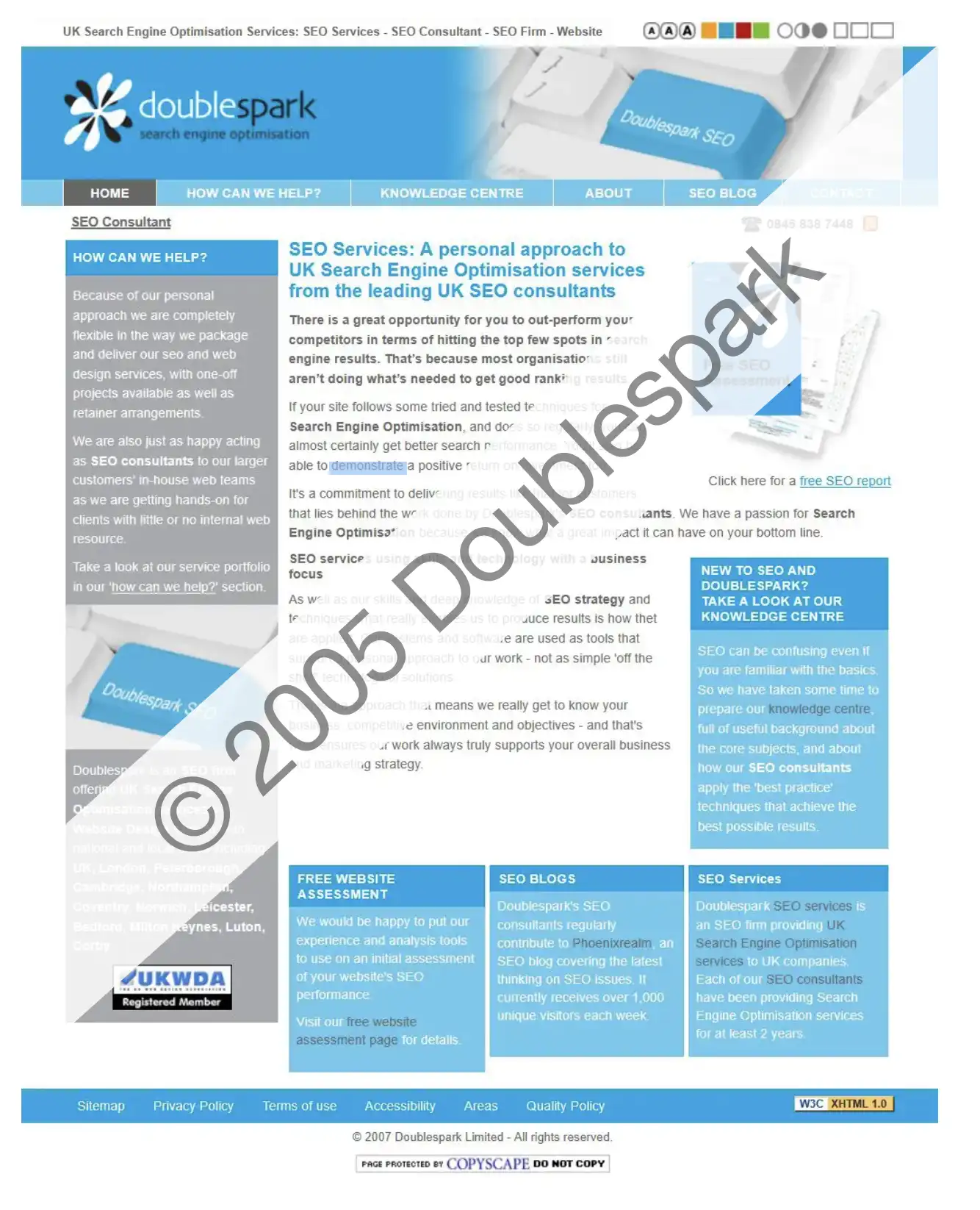 Screenshot of the original Doublespark website from the 2000s, showcasing early SEO service messaging, a blue and white layout, and navigation for services, blog, and contact.