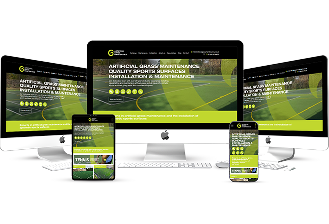 Responsive website design for Artificial Grass Maintenance displayed across desktop, laptop, tablet, and smartphone screens. The site features bold branding and clear navigation, optimised for showcasing services in sports surface installation and artific