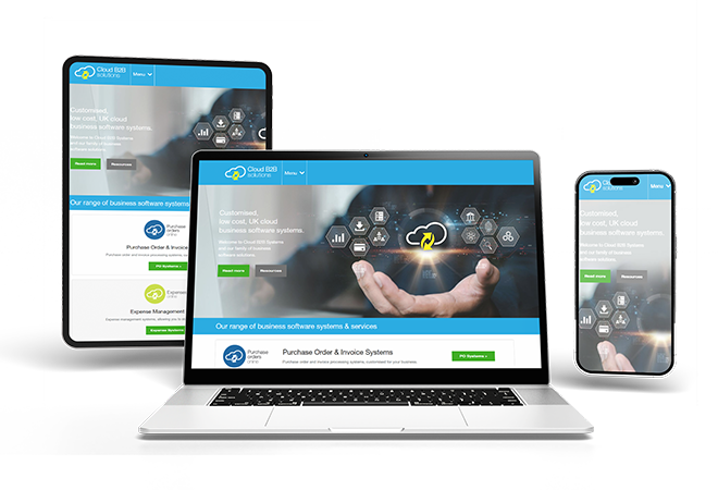 Responsive website design for Cloud B2B Solutions displayed across tablet, laptop, and smartphone screens. The layout promotes cloud-based business software systems, showcasing a consistent, mobile-friendly interface optimised for usability and performanc