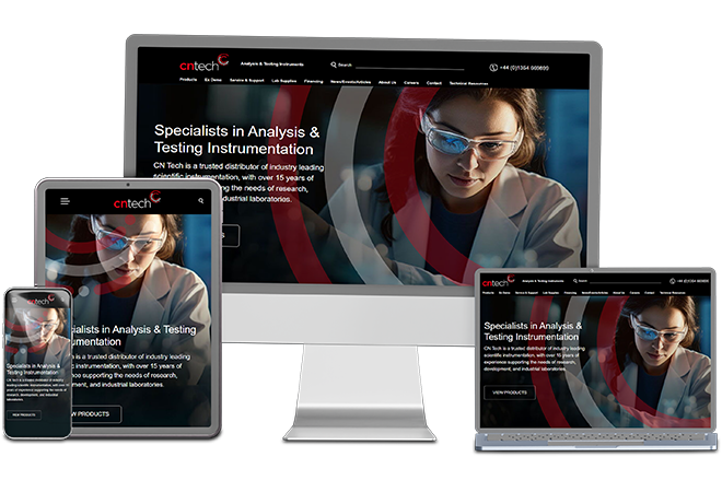 Responsive website design for CN Tech, displayed on desktop, tablet, laptop, and smartphone devices. The site features a modern, professional interface showcasing analysis and testing instrumentation, optimised for researchers, scientists, and laboratory