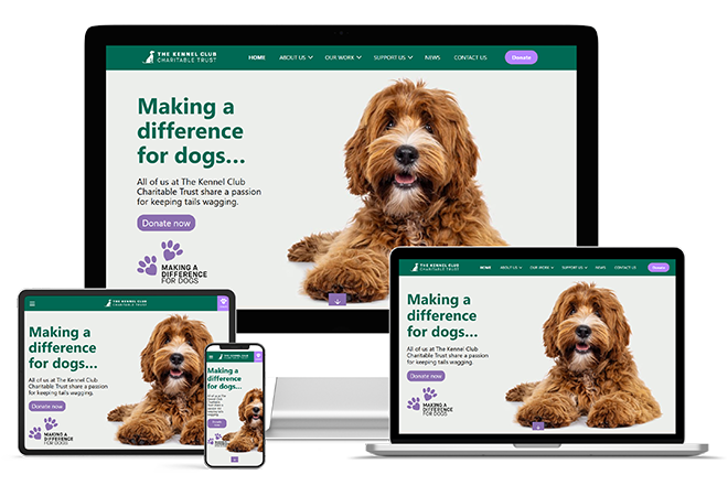 Responsive website design for The Kennel Club Charitable Trust, displayed on desktop, laptop, tablet, and smartphone devices. The site features a friendly, pet-focused layout with a clear call-to-action, optimised for accessibility and engagement across a